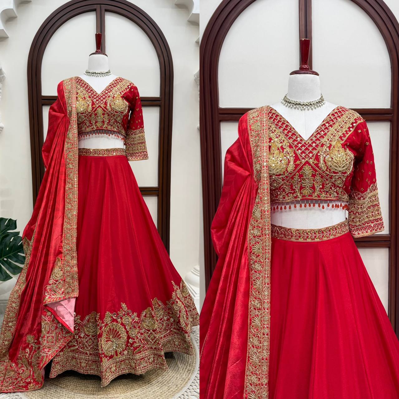 Regal Crimson Red Bridal Lehenga Choli Ensemble Featuring Intricate Gold Zari Embroidery, Heritage Motifs, and Embellished Tassels
